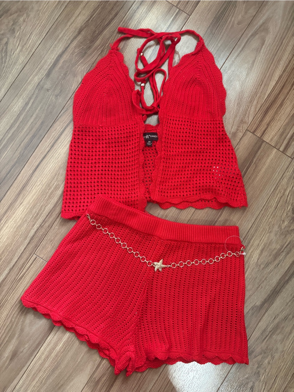 Red Crochet Two-Piece Short Set